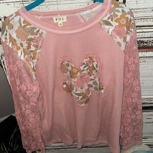 NWOT POL Pink Long Sleeve Lace Tee waffle long sleeve medium poly cotton spandex
